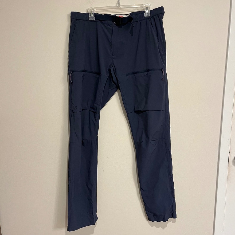 Mens Fjallraven Pants High Coast Hike Trousers Belted Navy Blue 37 Long Outdoor